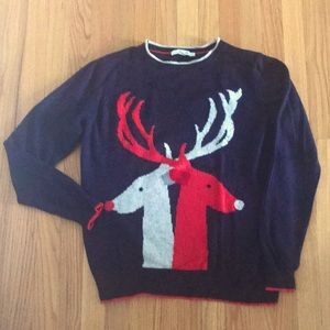Boden intarsia navy sweater with grey, red and pink deer design